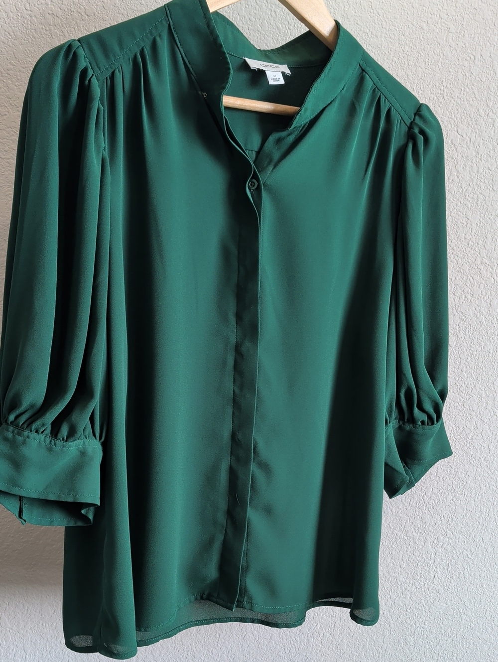 CeCe Deep Green Button-Front Blouse with Puff Sleeves - Picture 3 of 3